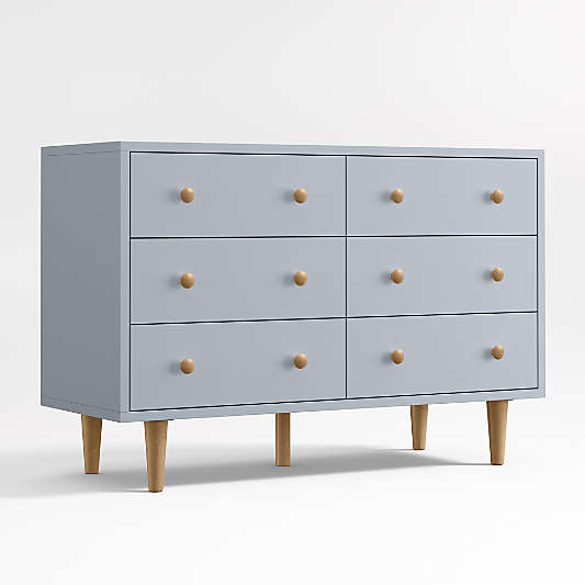 Finn Mist Blue Wood Wide 6-Drawer Kids Dresser