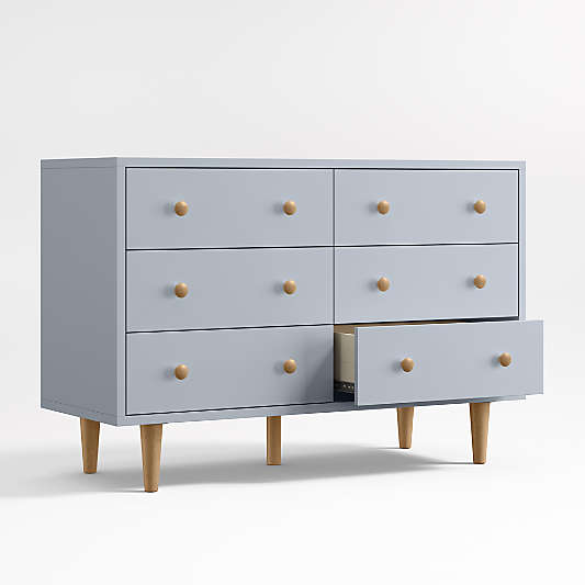 Finn Mist Blue Wood Wide 6-Drawer Kids Dresser