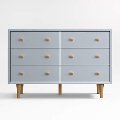 Finn Mist Blue Wood Wide 6-Drawer Kids Dresser