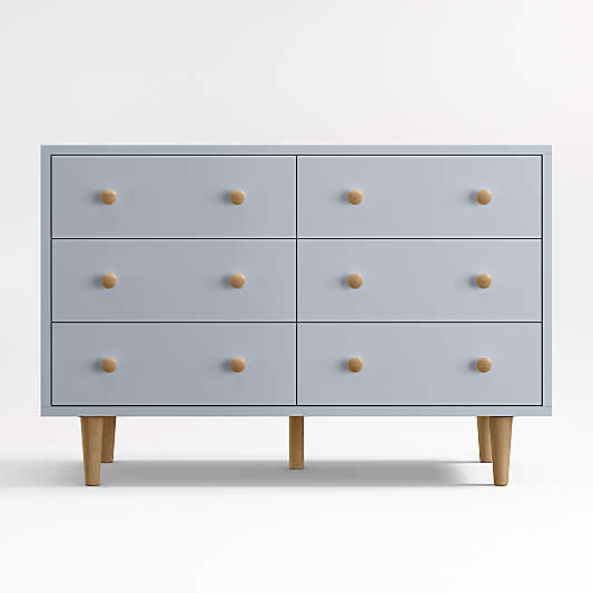 Finn Mist Blue Wood Wide 6-Drawer Kids Dresser