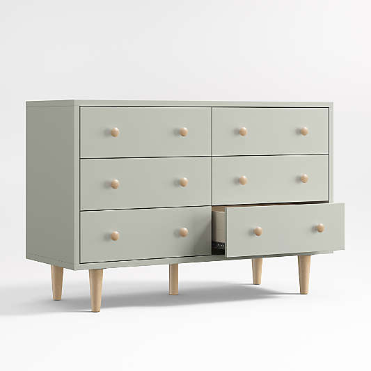 Finn Sage Green Wood Wide 6-Drawer Kids Dresser