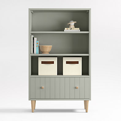 View Finn 36" Sage Green Wood 3-Shelf Tall Kids Bookcase with Drawer details