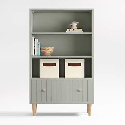 Finn 36" Sage Green Wood 3-Shelf Tall Kids Bookcase with Drawer