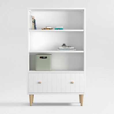 View Finn Tall White Wood 3-Shelf Kids Bookcase with Drawer details
