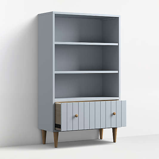 Finn 36" Mist Blue Wood 3-Shelf Tall Kids Bookcase with Drawer