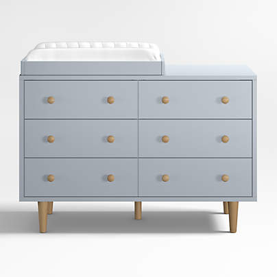 Finn Wide Mist Blue Wood 6-Drawer Kids Dresser with Changing Table Topper