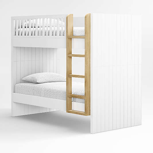 Finn White Wood Kids Bunk Bed with Oak Wood Ladder