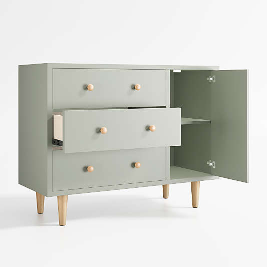 Finn 44" Narrow Sage Green Wood 3-Drawer Kids Dresser with Door