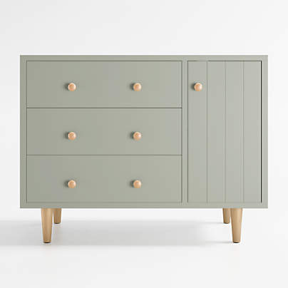 Finn Narrow Sage Green Wood 3-Drawer Kids Dresser with Door