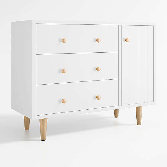 Finn 44" Narrow White Wood 3-Drawer Kids Dresser with Door