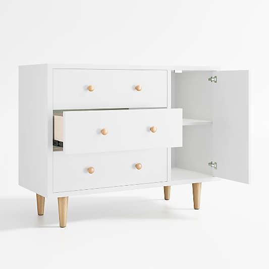 Finn 44" Narrow White Wood 3-Drawer Kids Dresser with Door