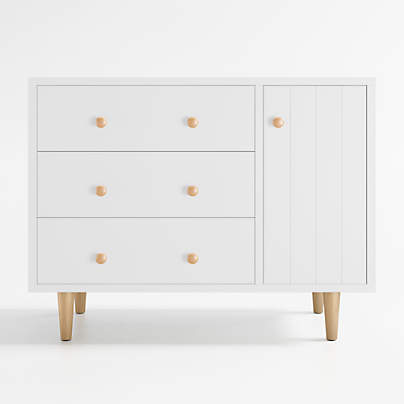 Finn Narrow White Wood 3-Drawer Kids Dresser with Door