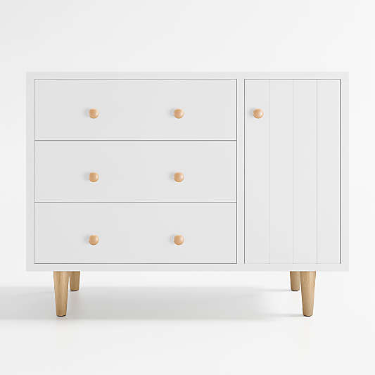 Finn Narrow White Wood 3-Drawer Kids Dresser with Door