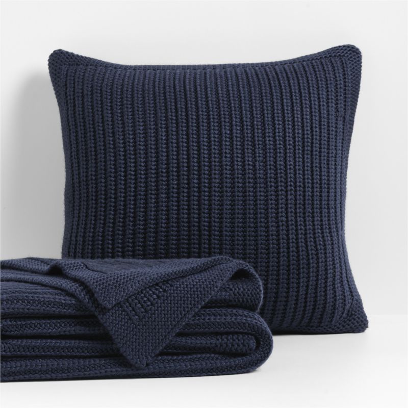 Deep Indigo Wool Blend 70''x55" Fisherman Knit Throw Blanket - image 2 of 7