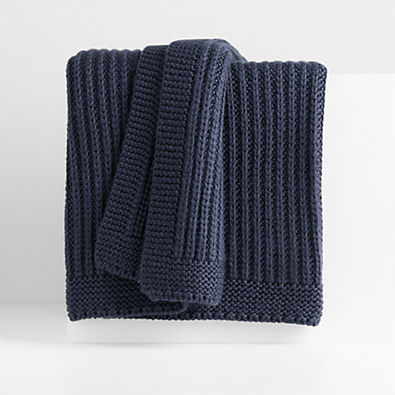 View Deep Indigo Wool Blend 70''x55" Fisherman Knit Throw Blanket details