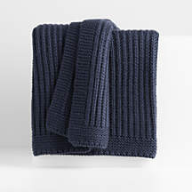 Deep Indigo Wool Blend 70''x55" Fisherman Knit Throw Blanket + Reviews | Crate & Barrel