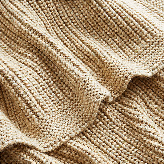 Ginger Beige Wool Blend 70''x55" Fisherman Knit Throw Blanket