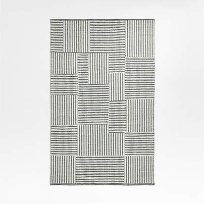 Flatweave Grid Wool and Cotton Light Grey Kids Area Rug 5'x8'