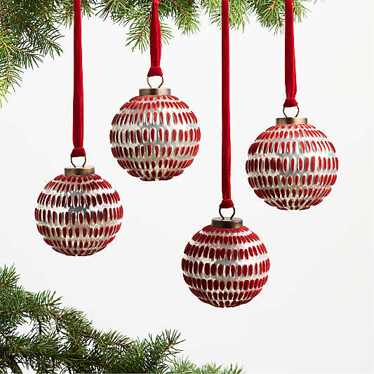 Flocked Red Velvet Glass Christmas Tree Ornament Set of 4