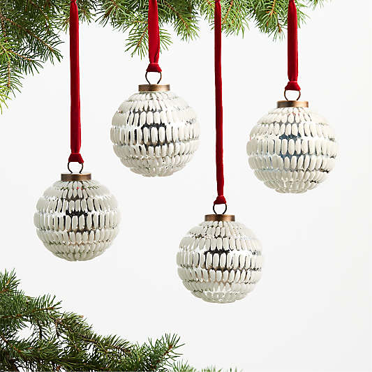 Flocked White Velvet Glass Christmas Tree Ornament Set of 4