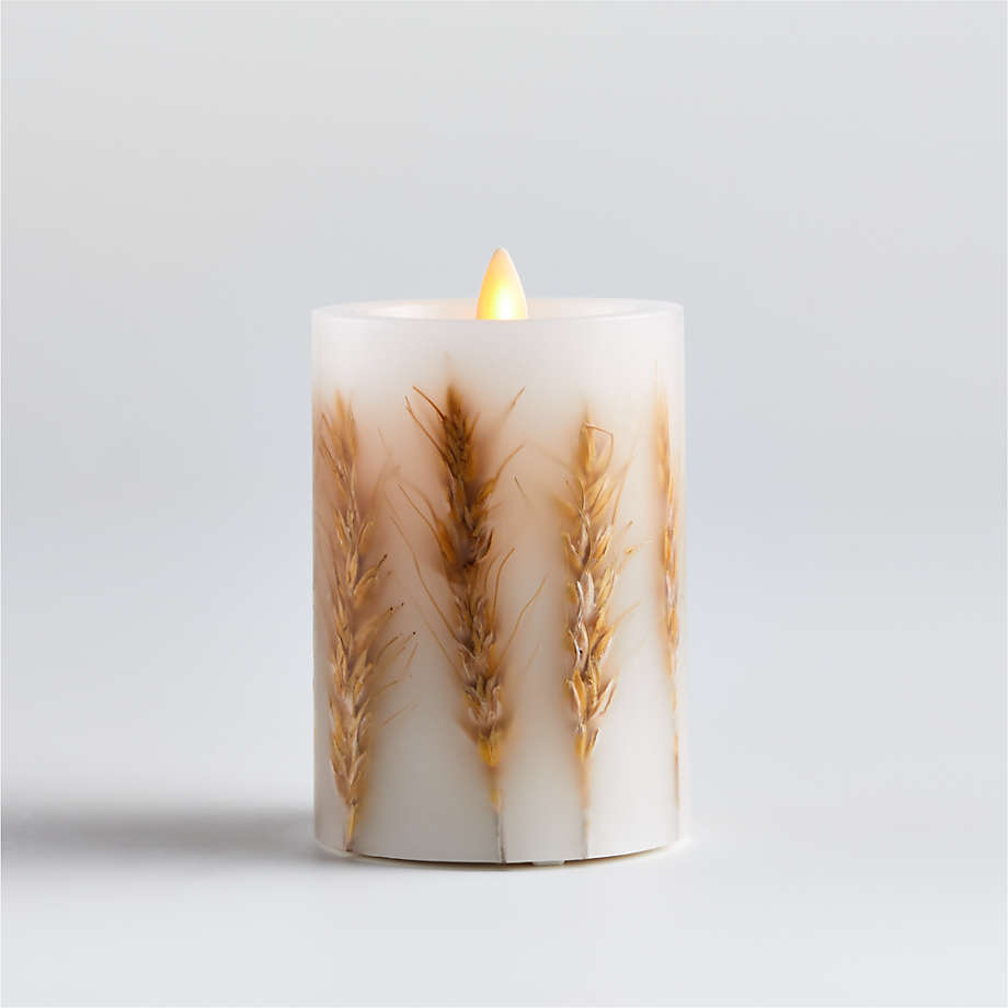 Flickering Flameless 3"x4" Wheat Inclusion Wax Pillar Candle.