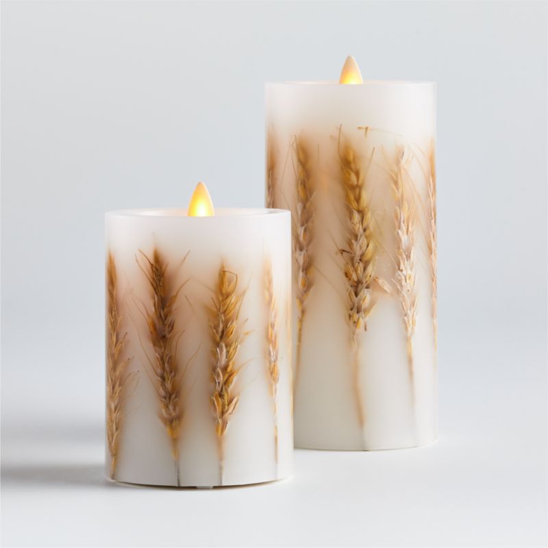 Flickering Flameless 3"x4" Wheat Inclusion Wax Pillar Candle.