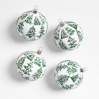 Flocked Tree Ball Christmas Ornaments, Set of 4