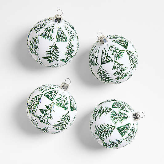 Flocked Tree Ball Christmas Ornaments, Set of 4