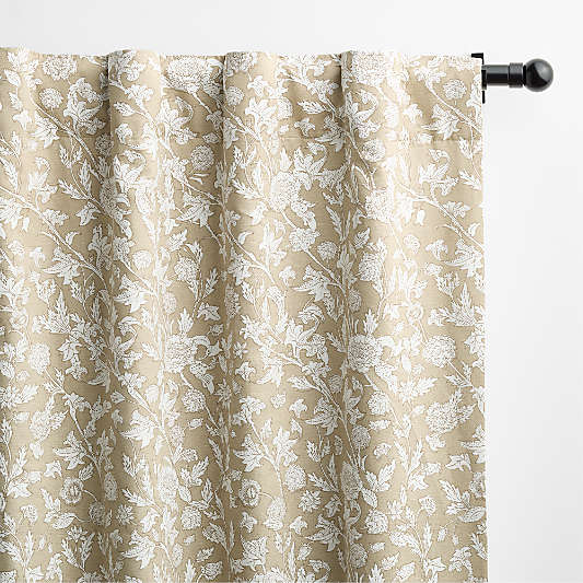 Natural Beige Floral Organic Cotton Linen Blackout Window Curtain Panel 52"x108"
