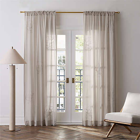 Floral Eyelet Natural Taupe Organic Cotton Sheer Window Curtain Panel