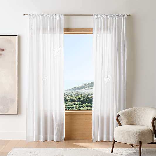 Floral Eyelet Crisp White Organic Cotton Sheer Window Curtain Panel 52"x108"