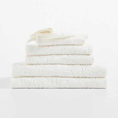 View Floral Jaquard Organic Cotton Crisp White Bath Towels, Set of 6 details