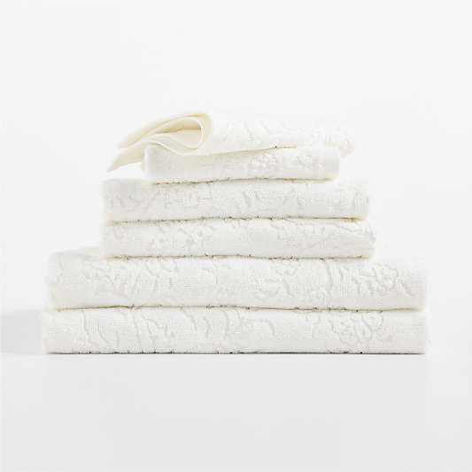 Floral Jaquard Organic Cotton Crisp White Bath Towels, Set of 6