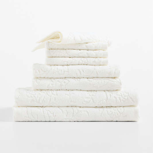Floral Jaquard Organic Cotton Crisp White Bath Towels, Set of 8