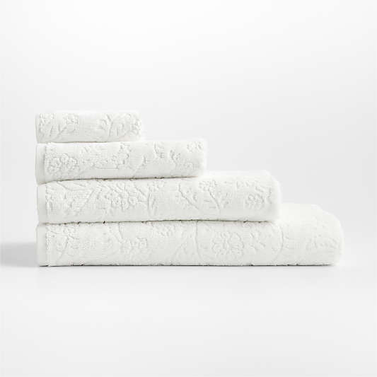 Floral Jaquard Organic Cotton Crisp White Hand Towel