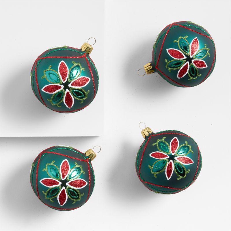 Flourish Green & Red Glitter Ball Christmas Tree Ornaments, Set of 4