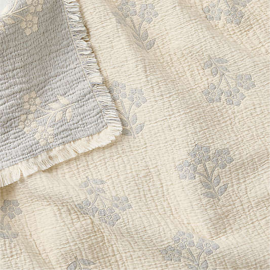 Flora Floral Matelasse Mist Blue Organic Cotton Kids Bed Blanket