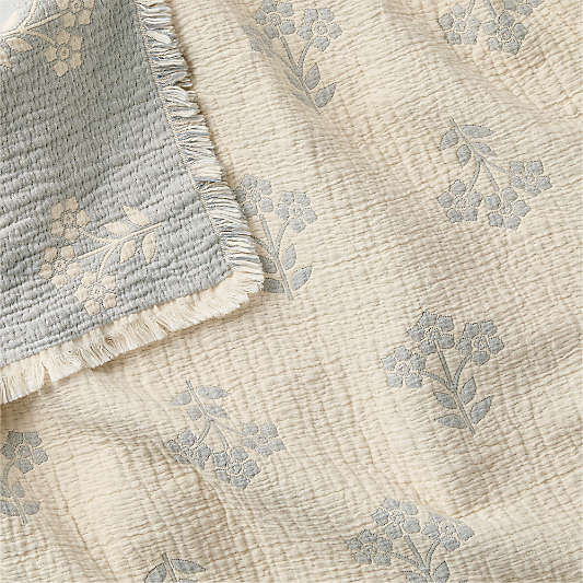 Flora Floral Matelasse Mist Blue Organic Cotton Kids Bed Blanket