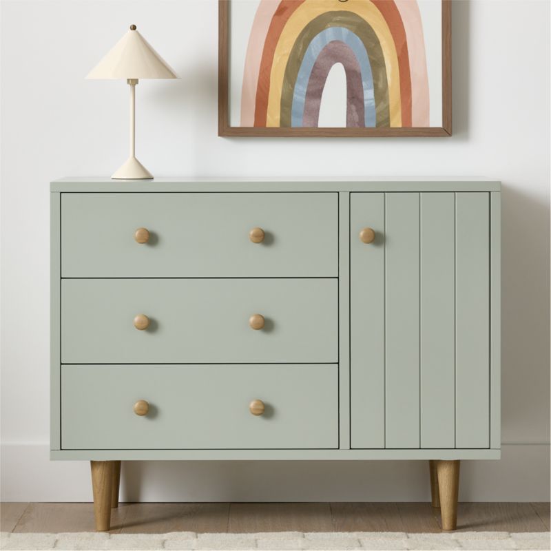 Finn 44" Narrow Sage Green Wood 3-Drawer Kids Dresser with Door - image 2 of 12