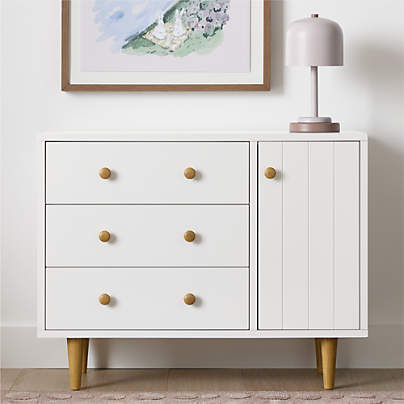 Finn 44" Narrow White Wood 3-Drawer Kids Dresser with Door