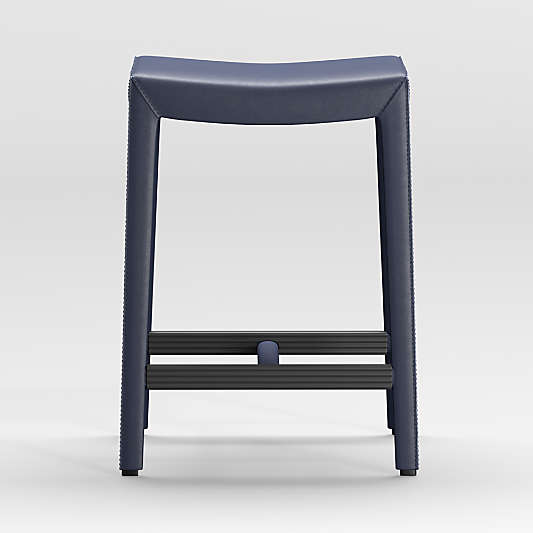 Folio Deep Blue Top-Grain Leather Backless Counter Stool