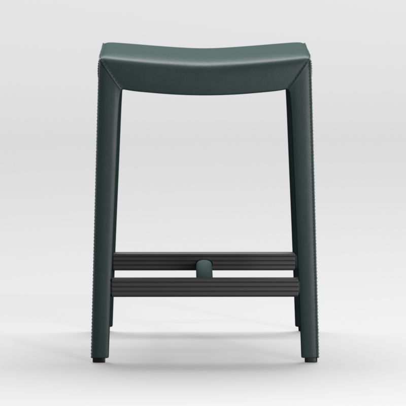 Folio Dark Green Top-Grain Leather Backless Counter Stool