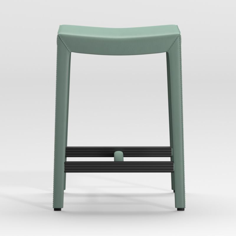 Folio Green Top-Grain Leather Backless Counter Stool