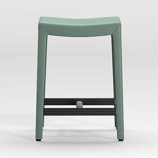 Folio Green Top-Grain Leather Backless Counter Stool