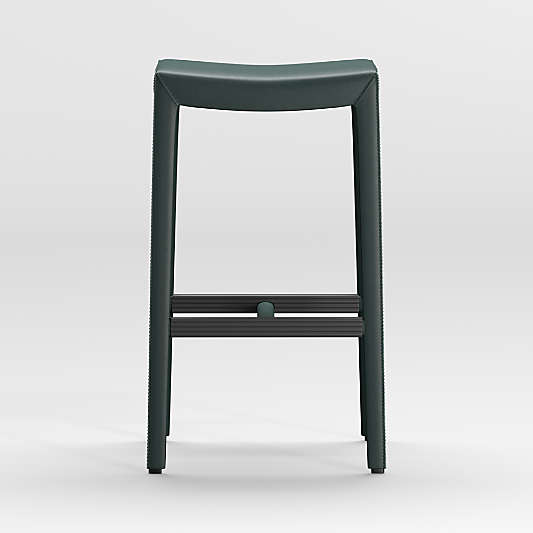 Folio Dark Green Top-Grain Leather Backless Bar Stool