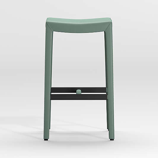 Folio Green Top-Grain Leather Backless Bar Stool