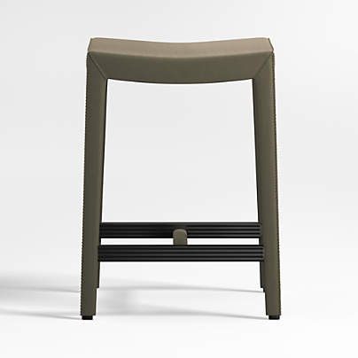 Folio Olive Green Top-Grain Leather Backless Counter Stool