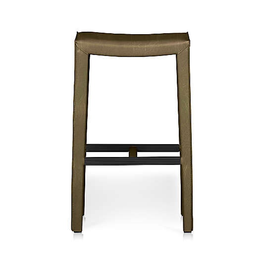 Folio Olive Green Top-Grain Leather Backless Counter Stool