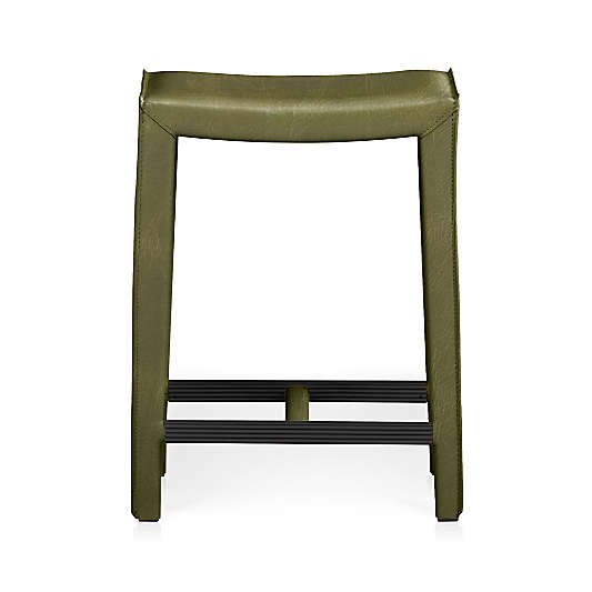 Folio Olive Green Top-Grain Leather Backless Counter Stool