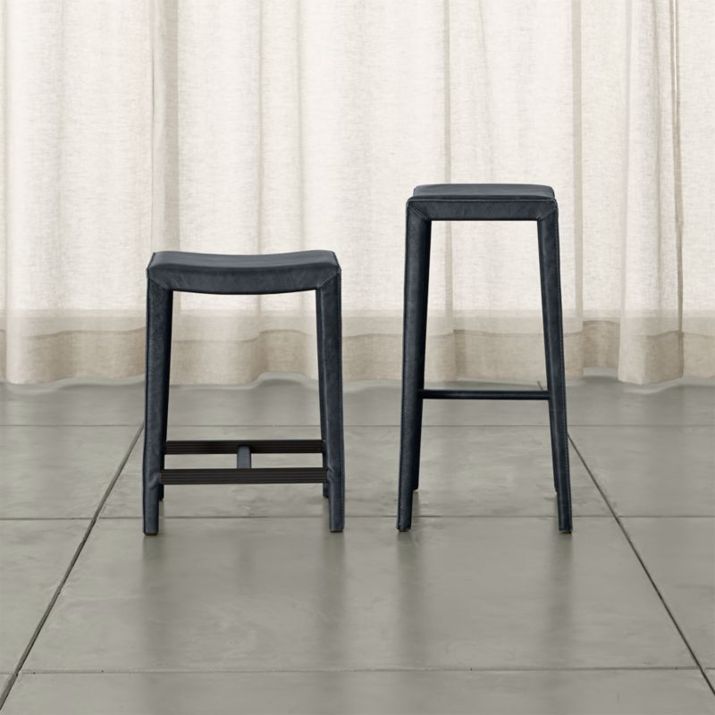 Folio Oceana Blue Top-Grain Leather Backless Counter Stool